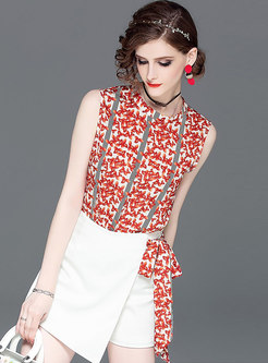 Floral Stand Collar Sleeveless Top & Asymmetric Slim Skirt