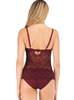 Chic Solid Color Lace Gathered Tankini