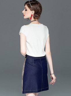 Color-blocked V-neck Slim Top & Splicing Mini Skirt
