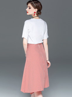 Casual Sequined O-neck T-shirt & Plaid Tie-waist Skirt