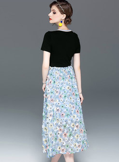Floral Splicing Belted Slim Midi Dress