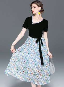 Floral Splicing Belted Slim Midi Dress