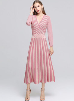Chic Striped V-neck High Waist Knitted Maxi Dress