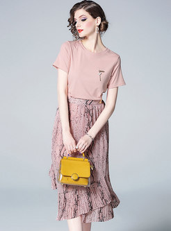 Solid Color O-neck T-shirt & Irregular Print Skirt