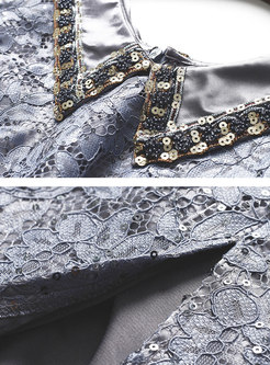 Elegant Turn-down Collar Lace Split Bodycon Dress
