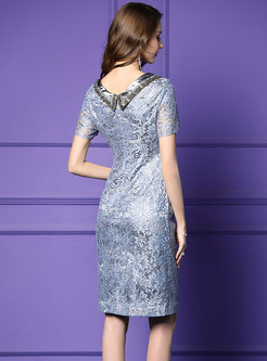 Elegant Turn-down Collar Lace Split Bodycon Dress