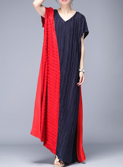 Color-blocked V-neck Short Sleeve Maxi Dress