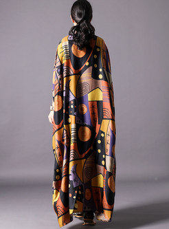 Print V-neck Bat Sleeve Loose Maxi Dress