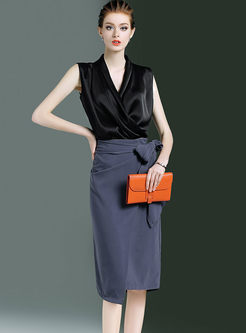 Fashion V-neck Sleeveless Top & Slim Bodycon Skirt