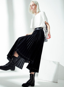 Stylish Splicing High Waist Asymmetric Pleated Skirt