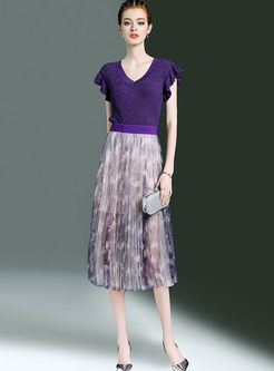 V-neck Falbala Slim Top & Mesh Print Pleated Skirt