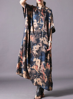 Vintage Print Stand Collar Bat Sleeve Loose Dress