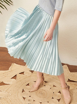 Solid Color All-matched High Waist Pleated Slim Skirt 