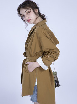 Chic Lapel Gathered Waist Tied Pure Color Trench Coat