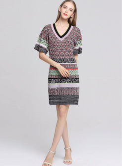 Color-blocked V-neck Print Sling Knitted Dress