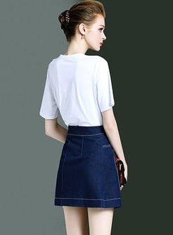 Fashion Sequined Pullover T-shirt & Denim Mini Skirt