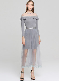 Falbala Pure Color Knitted Dress & Tied Mesh Perspective Skirt