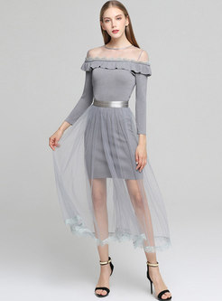 Falbala Pure Color Knitted Dress & Tied Mesh Perspective Skirt