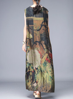 Vintage V-neck Print Sleeveless Silk Maxi Dress