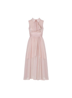 Pink Lapel Sleeveless High Waisted Skater Dress