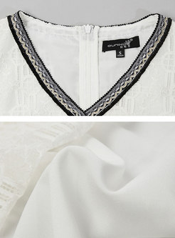 Stylish Lace V-neck High Waist White A Line Dress