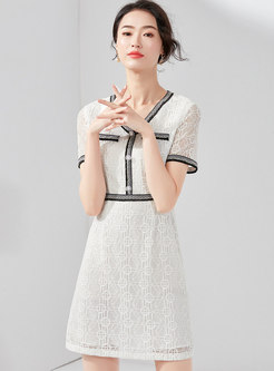Stylish Lace V-neck High Waist White A Line Dress