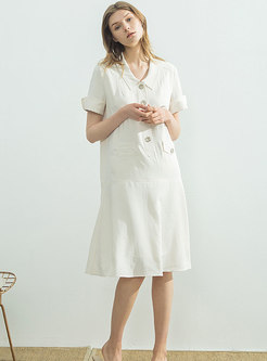 Vintage Lapel Pure Color Single-breasted Shift Dress