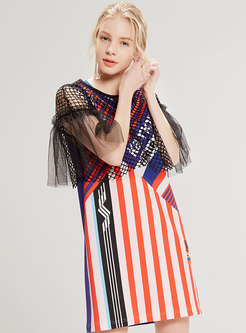 Color-blocked Striped Mesh Splicing T-shirt Dress