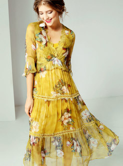 Lace Splicing Chiffon Print Silk Big Hem Dress