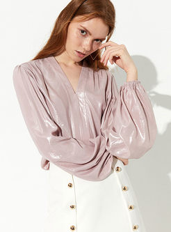 Brief Solid Color Lantern Sleeve Loose Blouse