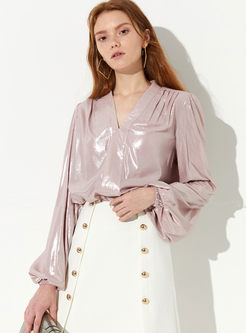 Brief Solid Color Lantern Sleeve Loose Blouse