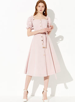 Sweet Square Neck Single-breasted Tie-Waist Dress