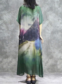 Ethnic O-neck Print Silk Shift Dress