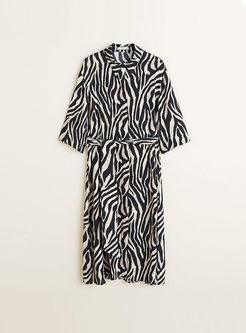 Retro Lapel Animal Stripe Half Sleeve Shirt Dress