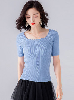 Brief O-neck Short Sleeve Knitted T-shirt