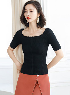 All-matched O-neck Short Sleeve Black Knitted T-shirt