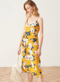 Fashion V-neck Print Bowknot Waist Sling Dress