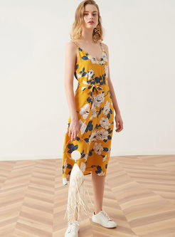 Fashion V-neck Print Bowknot Waist Sling Dress