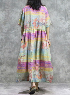 Vintage Color-blocked Print O-neck Loose Maxi Dress
