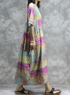 Vintage Color-blocked Print O-neck Loose Maxi Dress