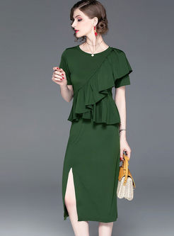 O-neck Short Sleeve Solid Color Falbala Slim Dress