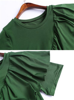 O-neck Short Sleeve Solid Color Falbala Slim Dress