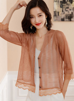 Brief V-neck Knitted Thin Zip-up Cardigan