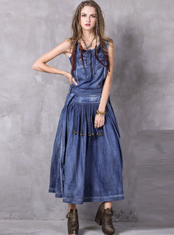 Denim Embroidered Backless Maxi Dress Without T-shirt
