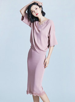 Solid Color V-neck Slim Top & Lace Splicing Sheath Skirt