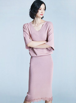 Solid Color V-neck Slim Top & Lace Splicing Sheath Skirt