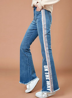 High Waisted Letter Print Rough Selvedge Jeans