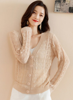 Hollow Out V-neck Single-breasted Loose Cardigan