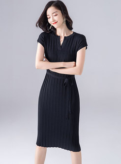 Fashion All-matched V-neck Tied Knitted Dress