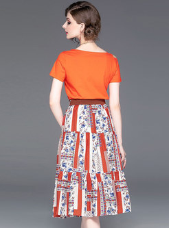 Fashion Off Shoulder T-shirt & Multi-color Print Skirt